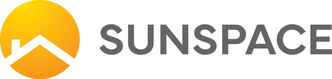 The official Sunspace Sunrooms corporate logo featuring a yellow sun graphic and black roofline.