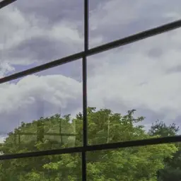 Close-up of a smoke gray vinyl window pane showing a shaded view of trees.