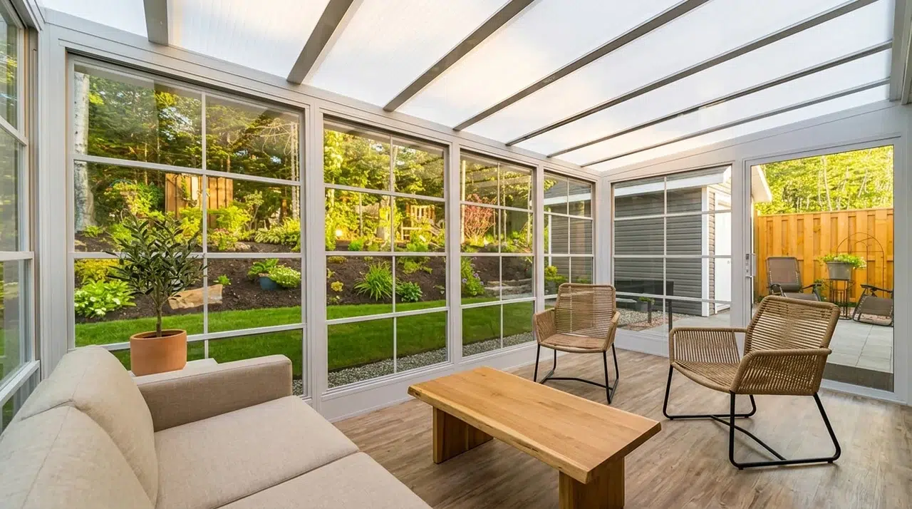 Sunspace Model 200 three season vinyl sunroom addition built onto a brick home.