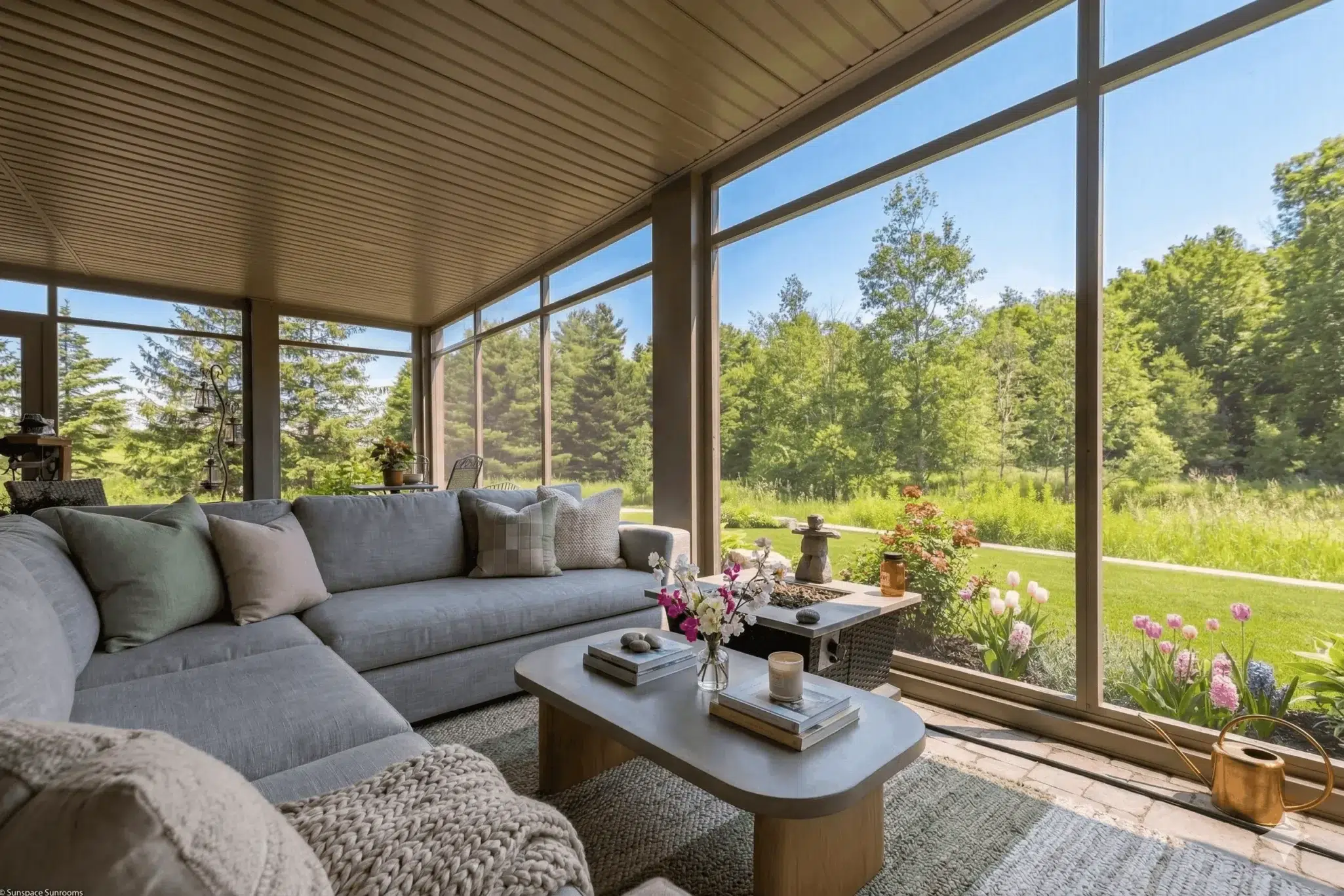 A cozy screen room with a grey sectional sofa overlooking a lush green backyard.