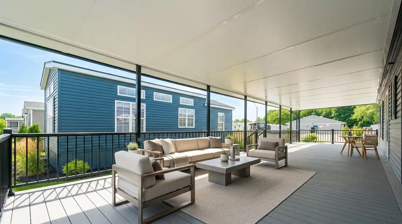 View of a spacious elevated deck featuring a Sunspace solid patio cover, furnished with comfortable outdoor lounge seating and a dining area, alongside a blue home.