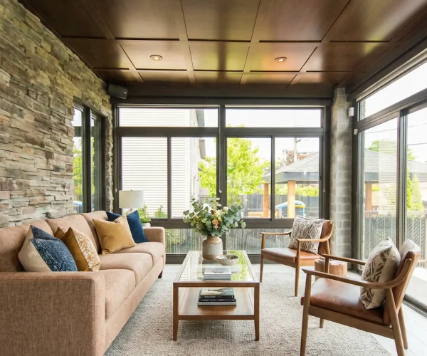 Glass sunroom extending outdoor living through fall in Atlanta.